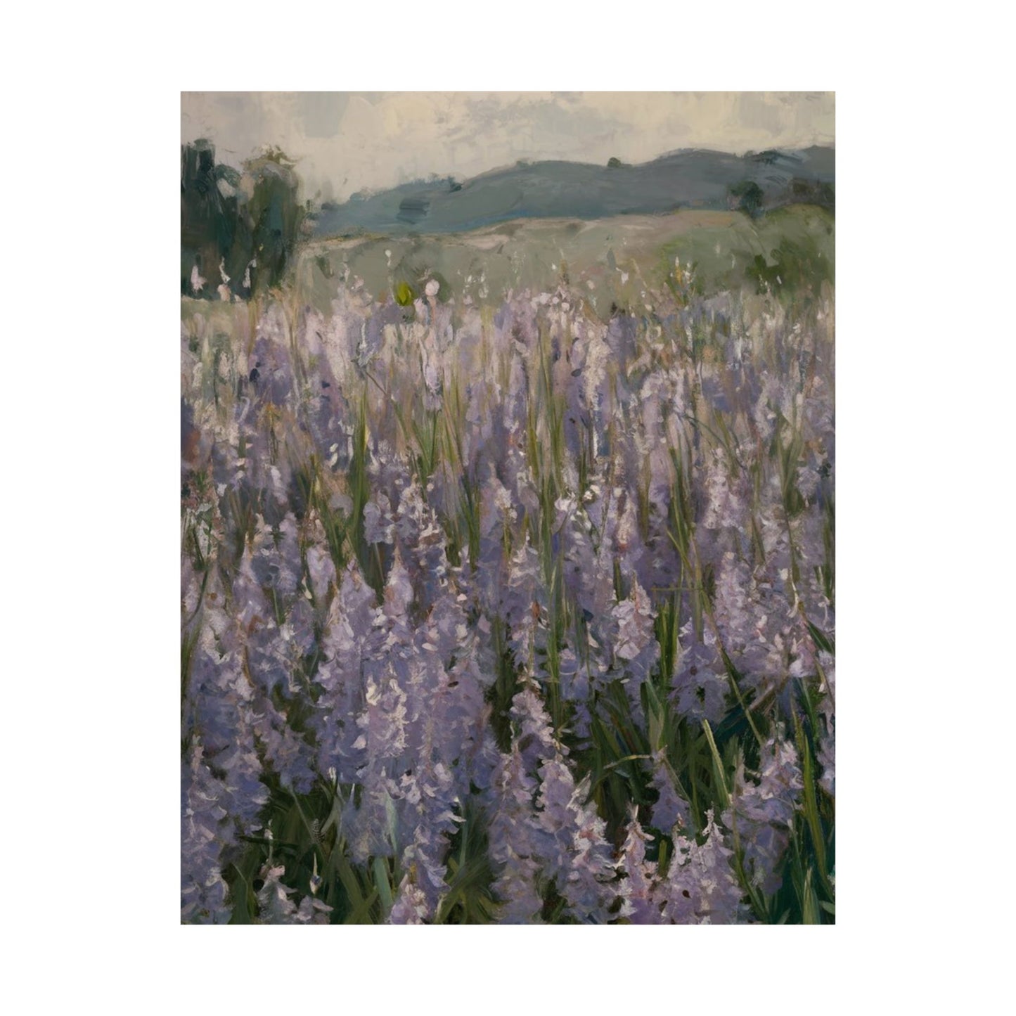 Póster vertical de campo de lavanda, arte mural botánico, decoración natural, estética del hogar, regalo para amantes de la jardinería.
