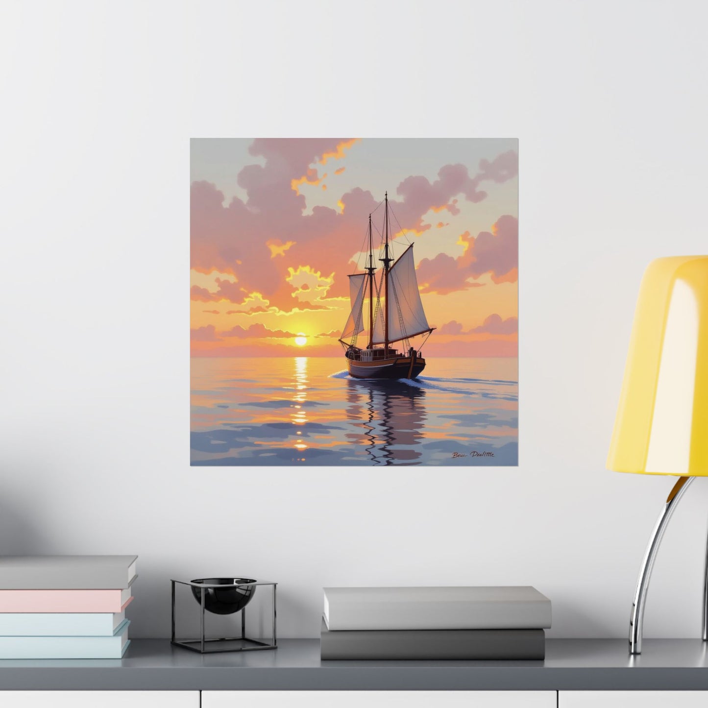 Póster mate de velero al atardecer, arte náutico para pared, decoración costera, regalo para marineros, decoración de casa de playa