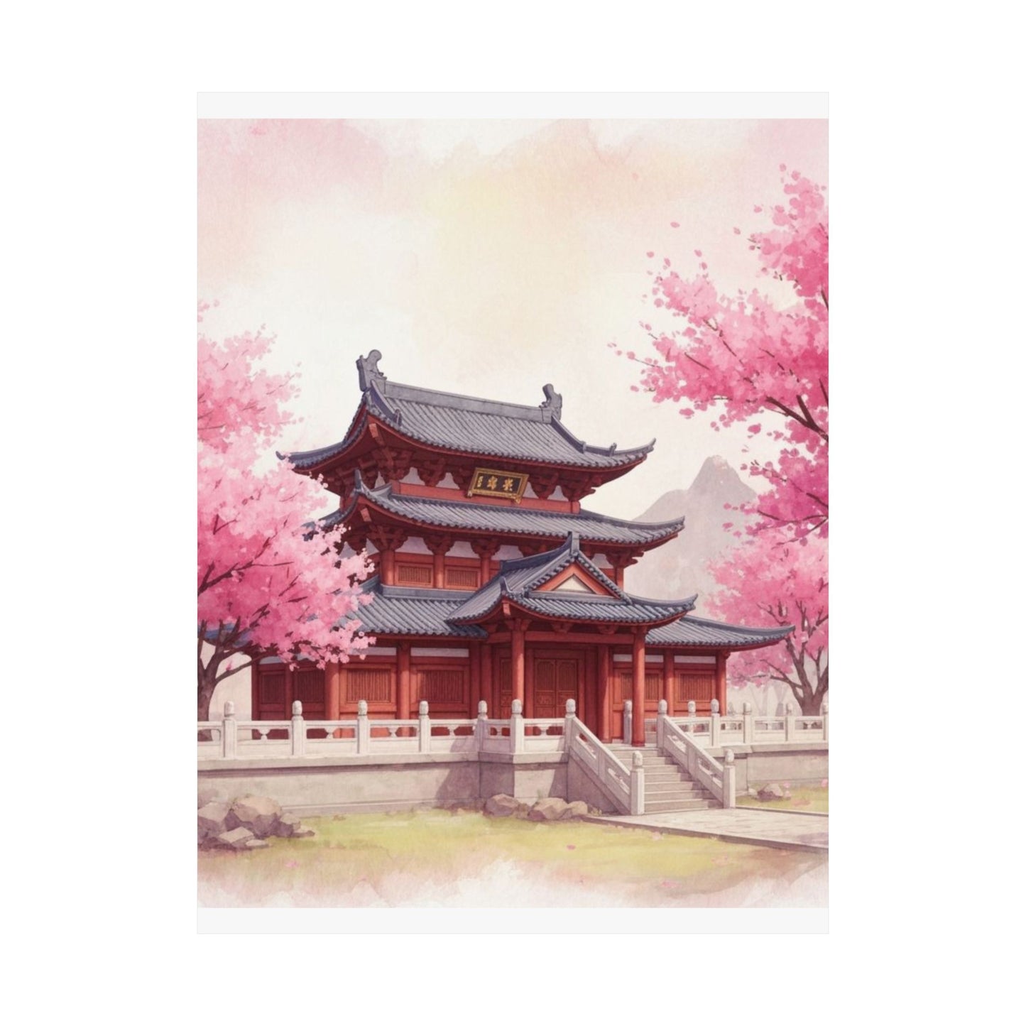 Digital download Vertical Poster - Buddhist Temple Cherry Blossom Japanese Art