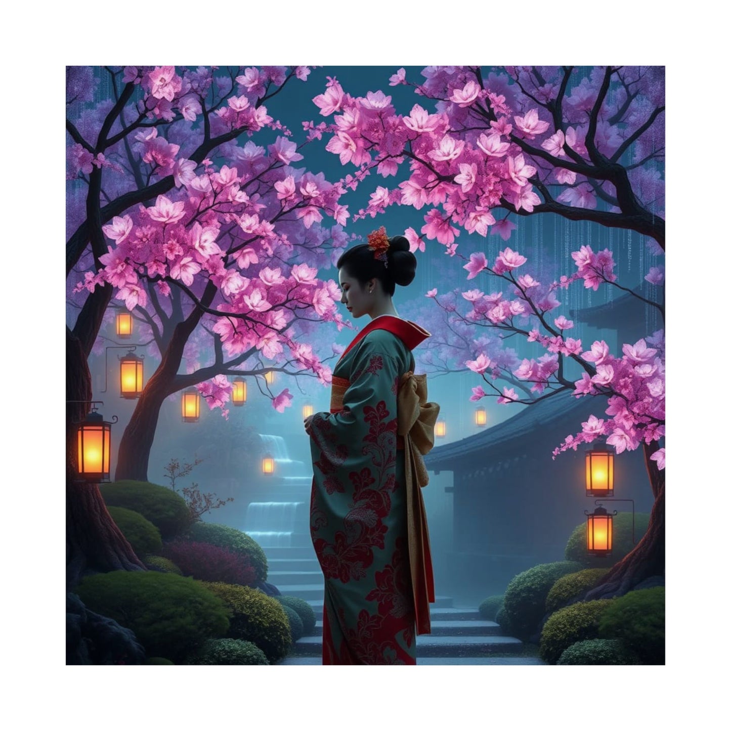 Digital download Posters - Geisha in Elegant Japanese Blossom Garden