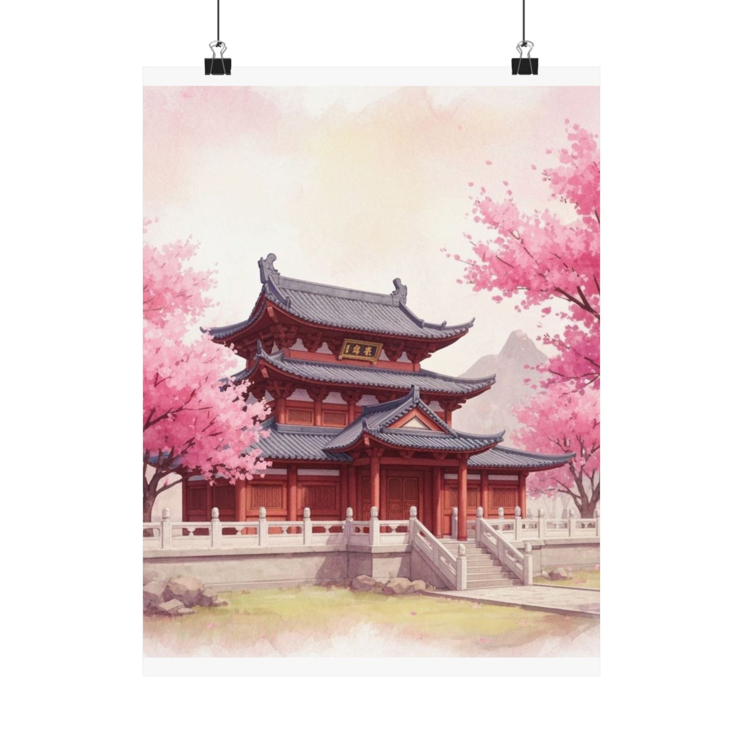 Digital download Vertical Poster - Buddhist Temple Cherry Blossom Japanese Art