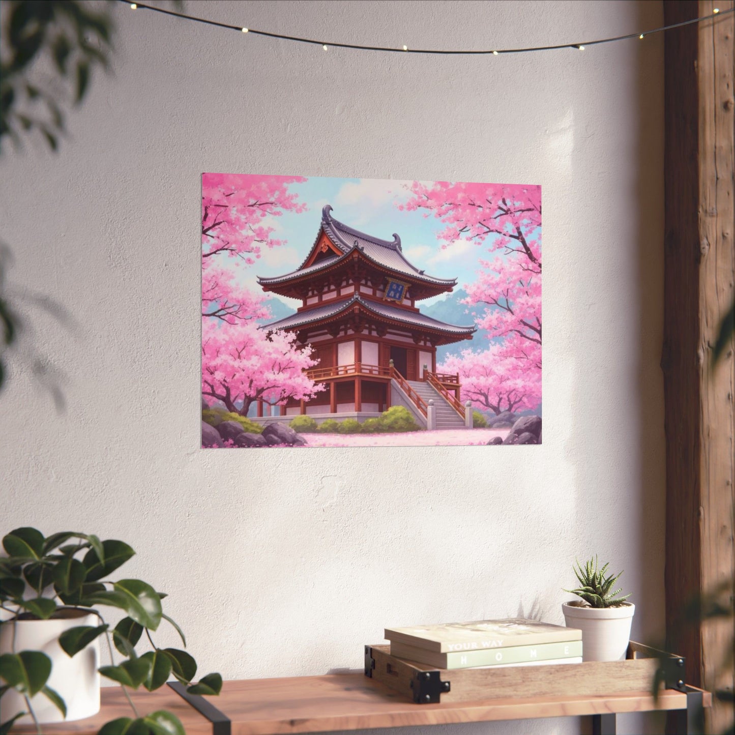 Digital download Wall Art Poster - Buddhist Temple with Cherry Blossoms, Japanese Art