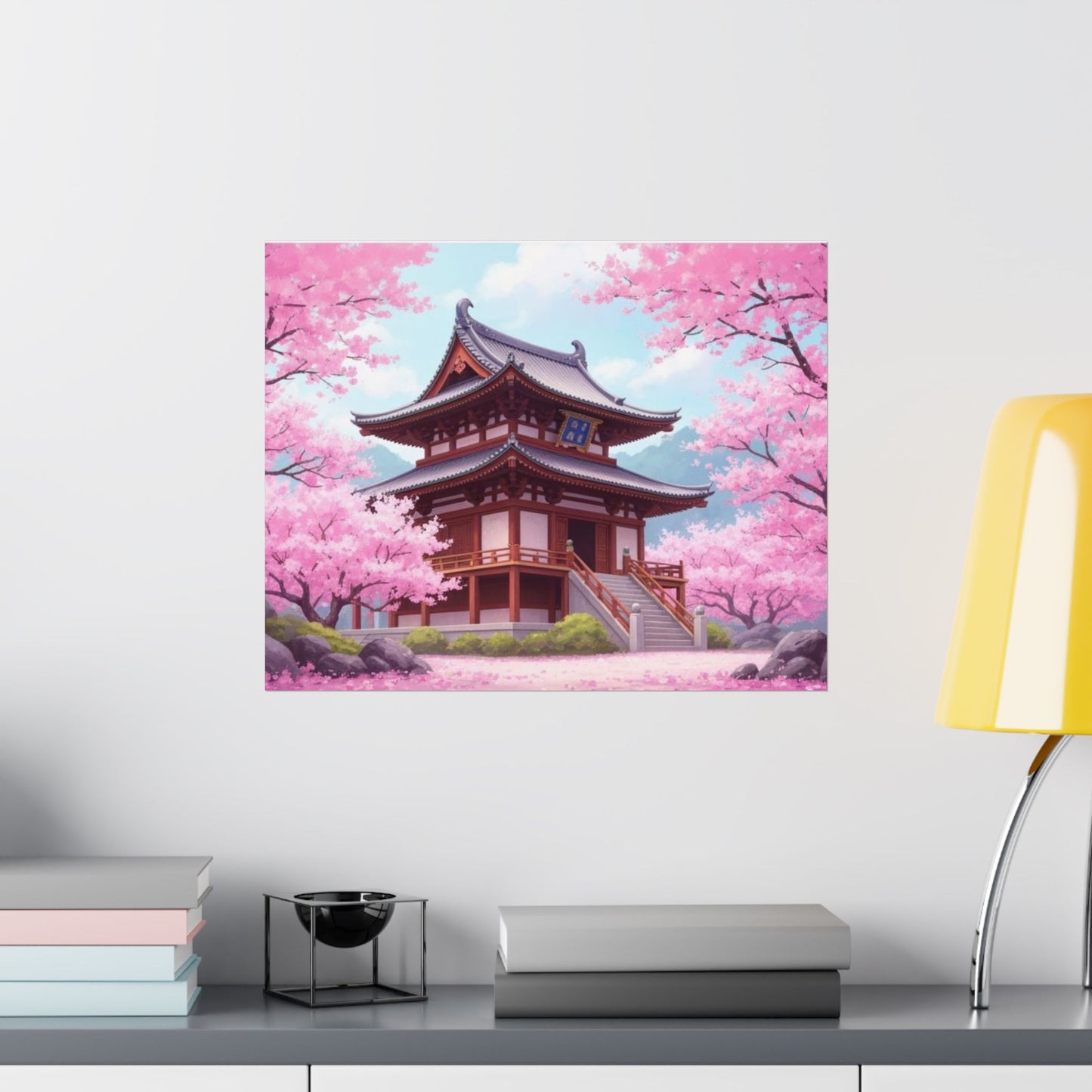 Digital download Wall Art Poster - Buddhist Temple with Cherry Blossoms, Japanese Art