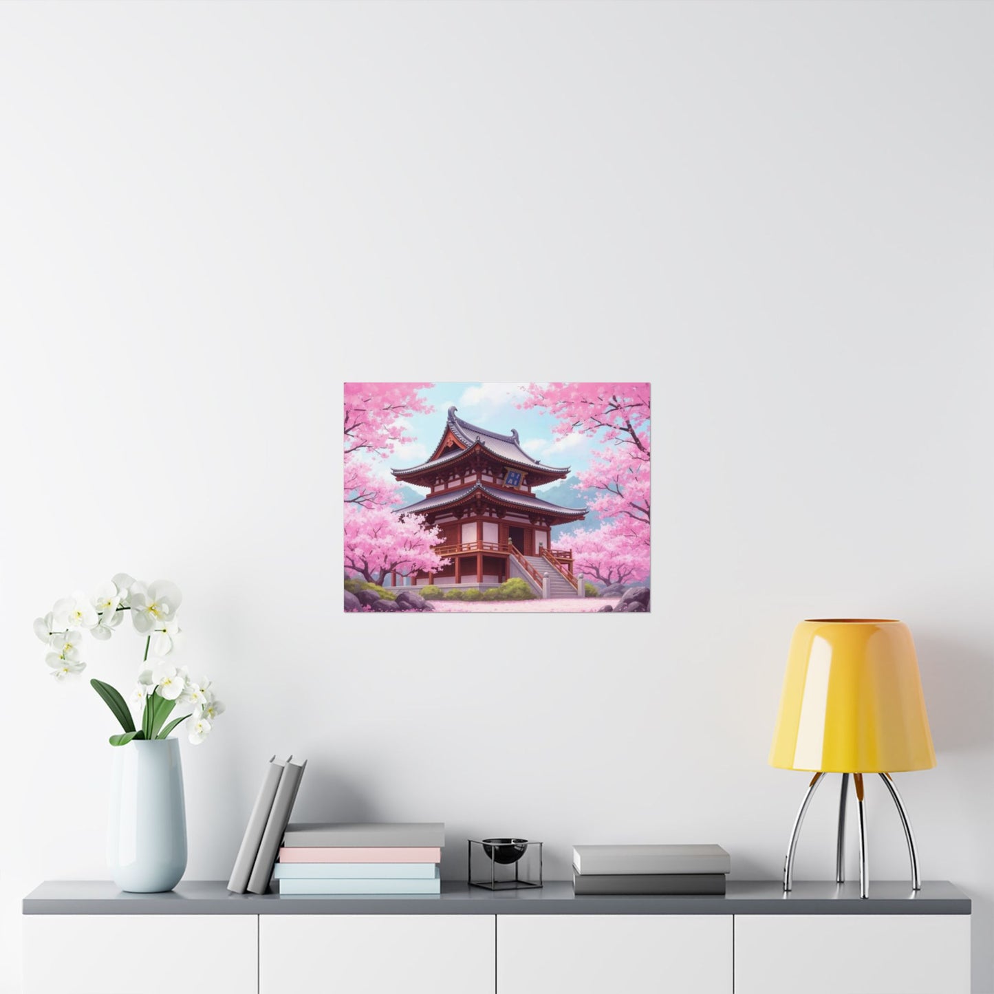 Digital download Wall Art Poster - Buddhist Temple with Cherry Blossoms, Japanese Art