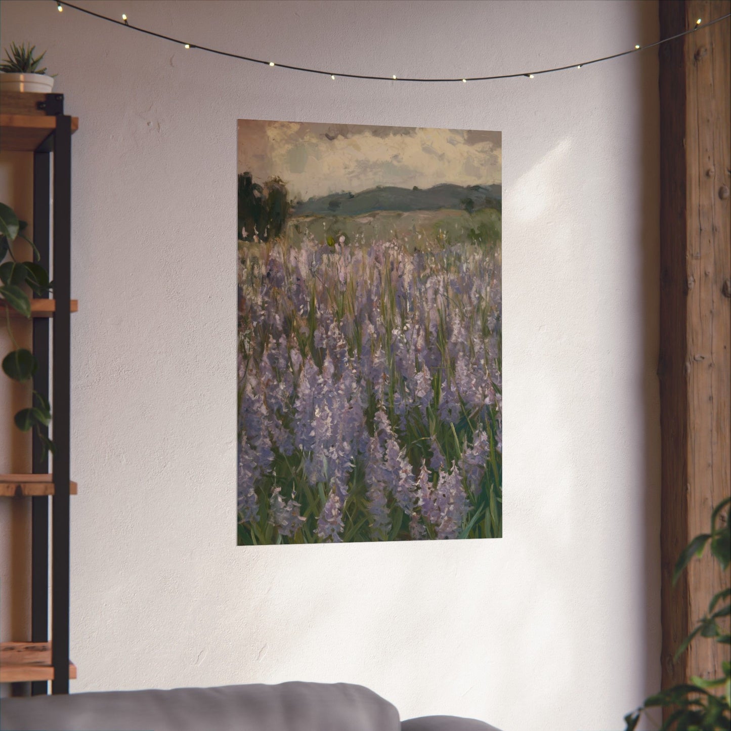 Póster vertical de campo de lavanda, arte mural botánico, decoración natural, estética del hogar, regalo para amantes de la jardinería.