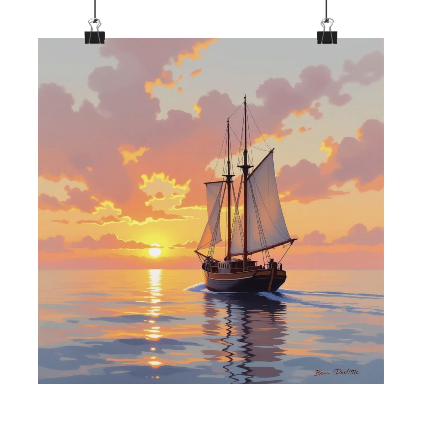 Póster mate de velero al atardecer, arte náutico para pared, decoración costera, regalo para marineros, decoración de casa de playa