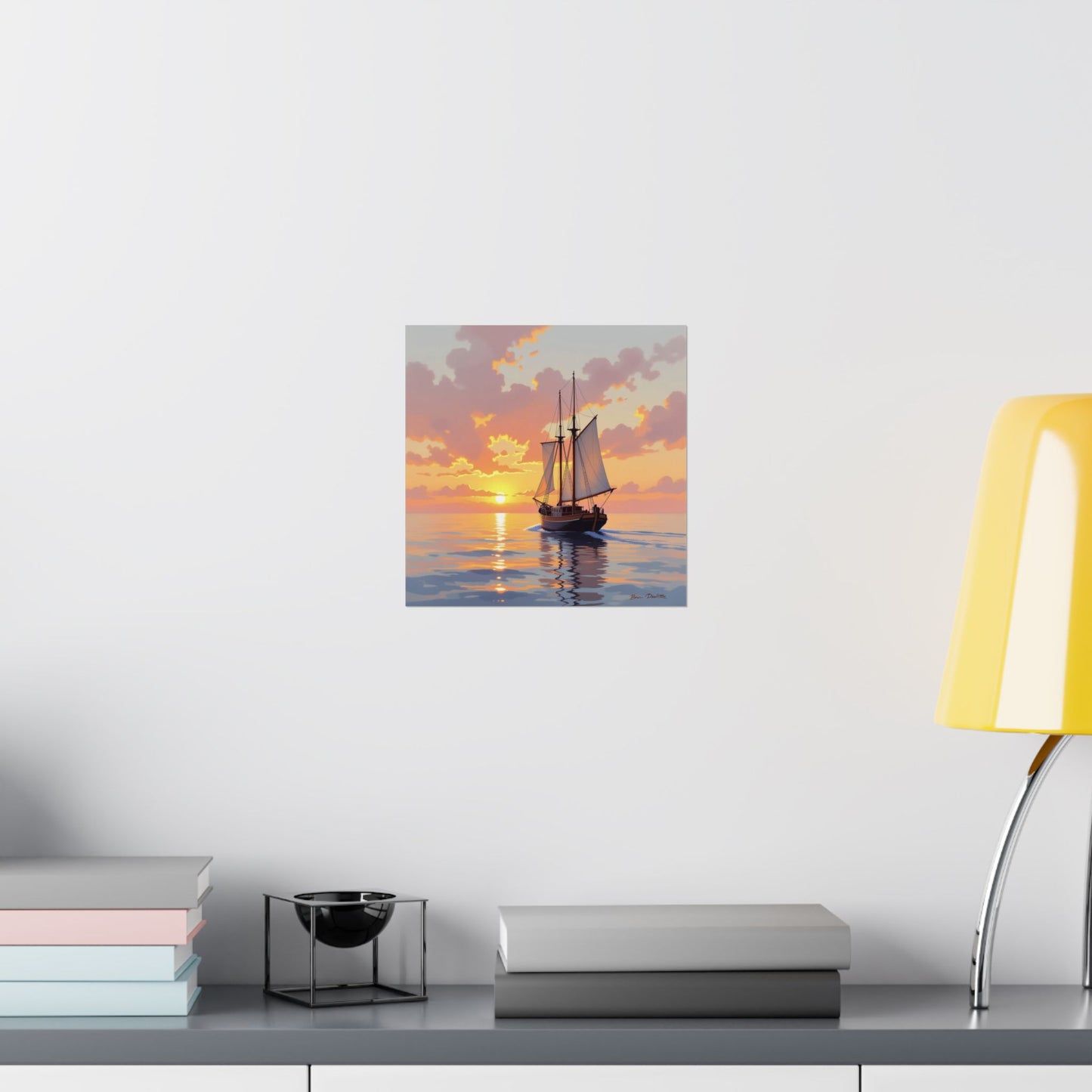 Póster mate de velero al atardecer, arte náutico para pared, decoración costera, regalo para marineros, decoración de casa de playa