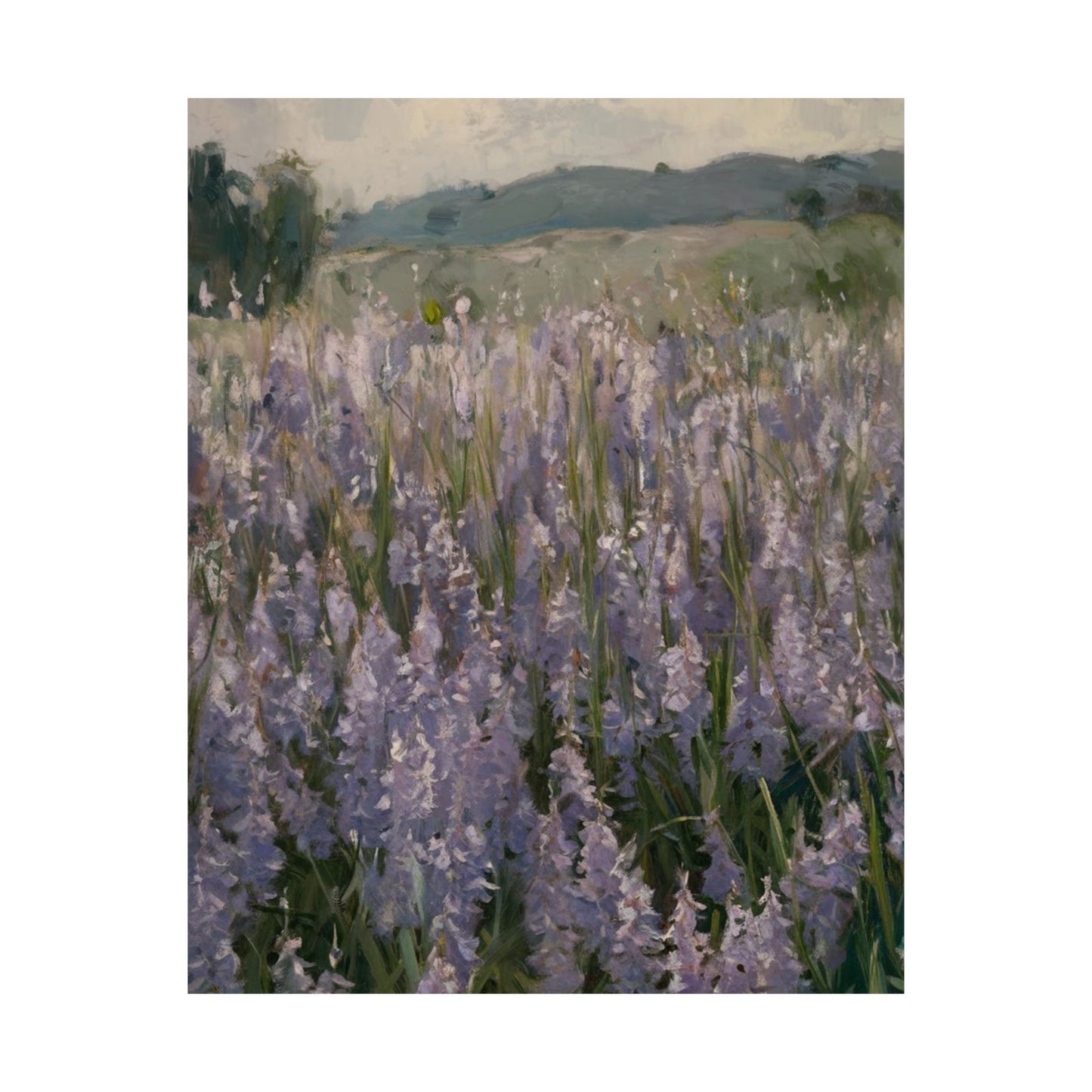 Póster vertical de campo de lavanda, arte mural botánico, decoración natural, estética del hogar, regalo para amantes de la jardinería.