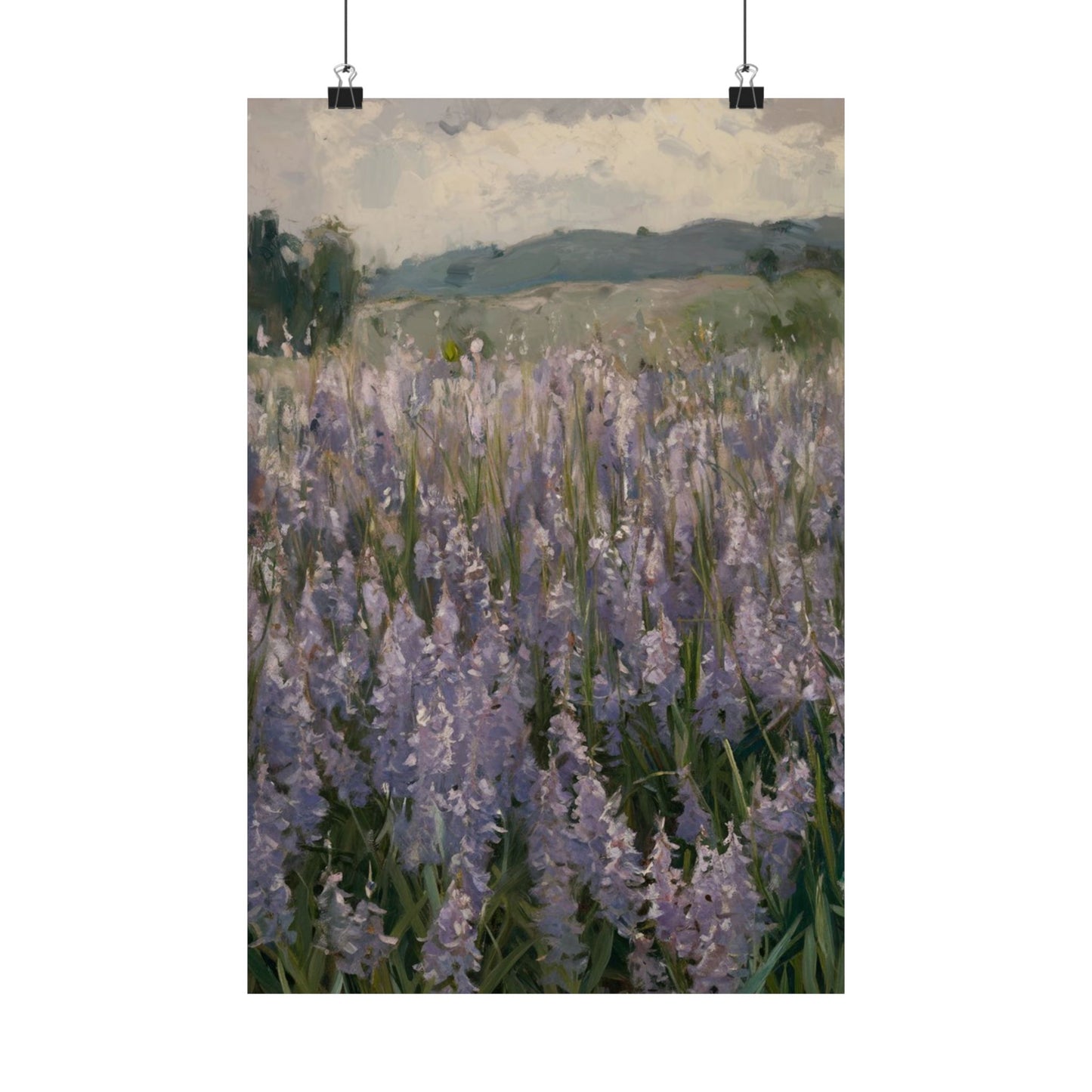 Póster vertical de campo de lavanda, arte mural botánico, decoración natural, estética del hogar, regalo para amantes de la jardinería.