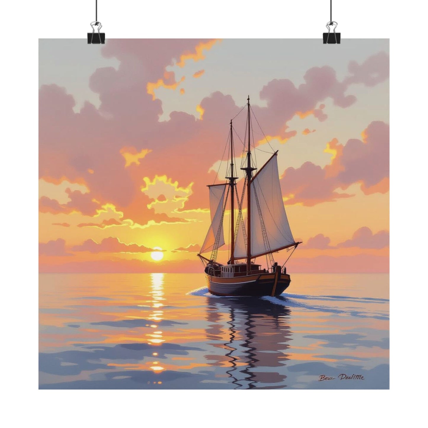 Póster mate de velero al atardecer, arte náutico para pared, decoración costera, regalo para marineros, decoración de casa de playa
