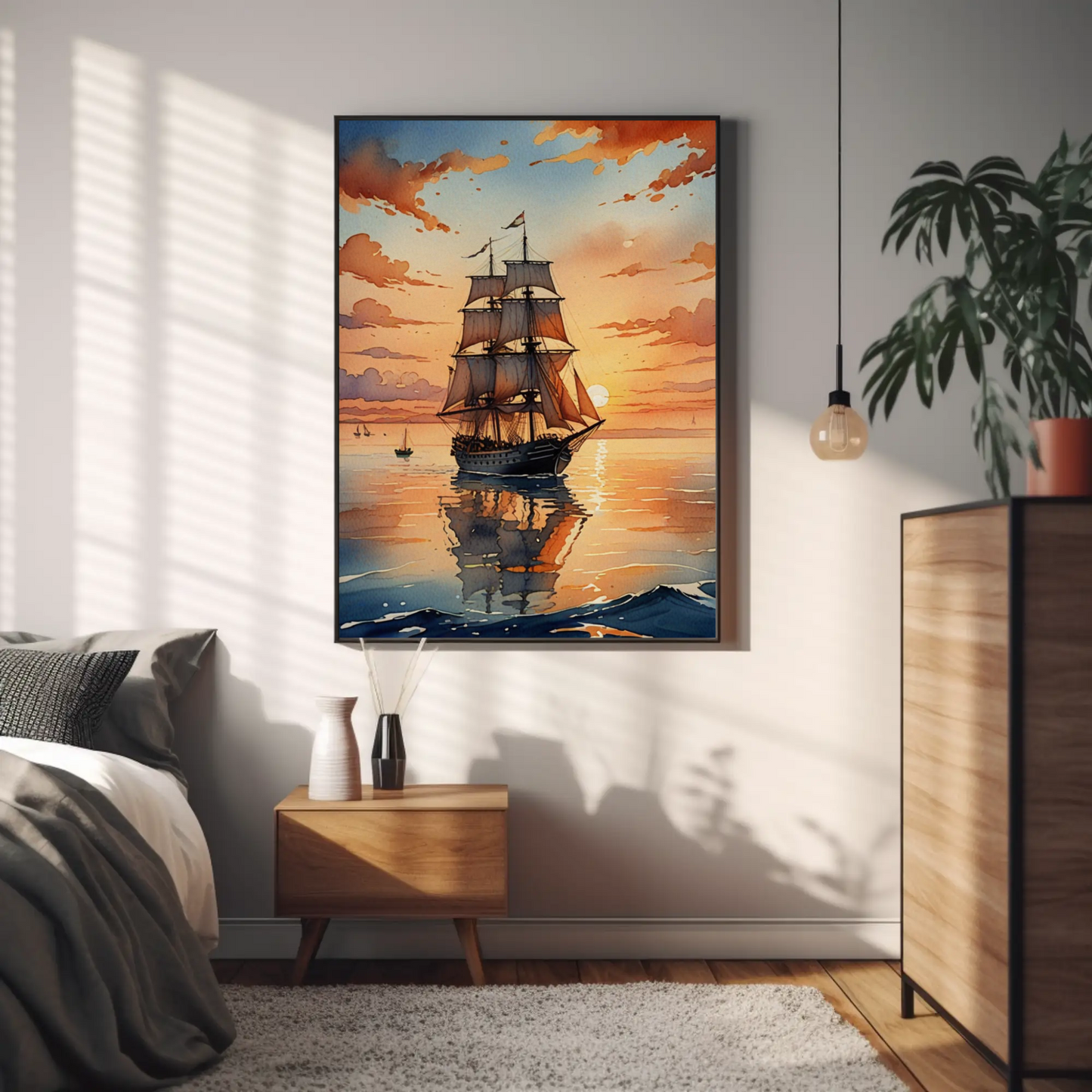 Póster de arte mural de velero, decoración náutica para el hogar, regalo marítimo, obra de arte con atardecer en el océano, decoración costera para pared