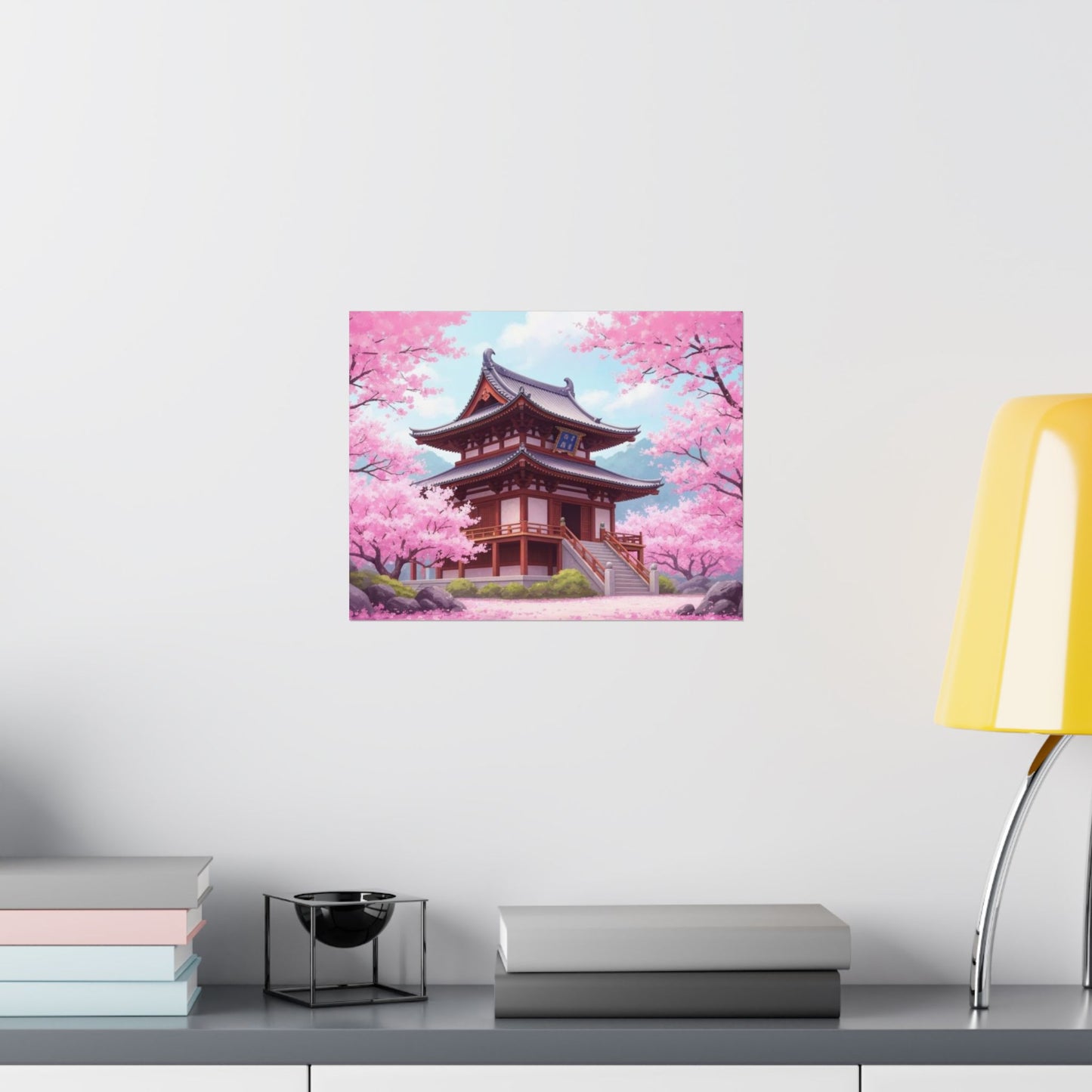 Digital download Wall Art Poster - Buddhist Temple with Cherry Blossoms, Japanese Art