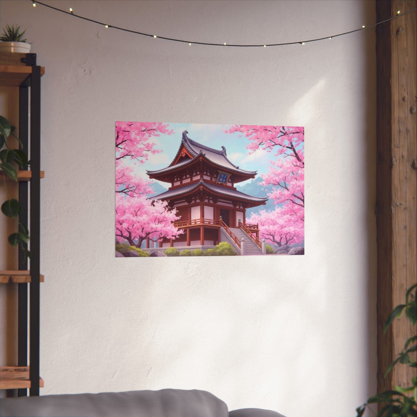Digital download Wall Art Poster - Buddhist Temple with Cherry Blossoms, Japanese Art