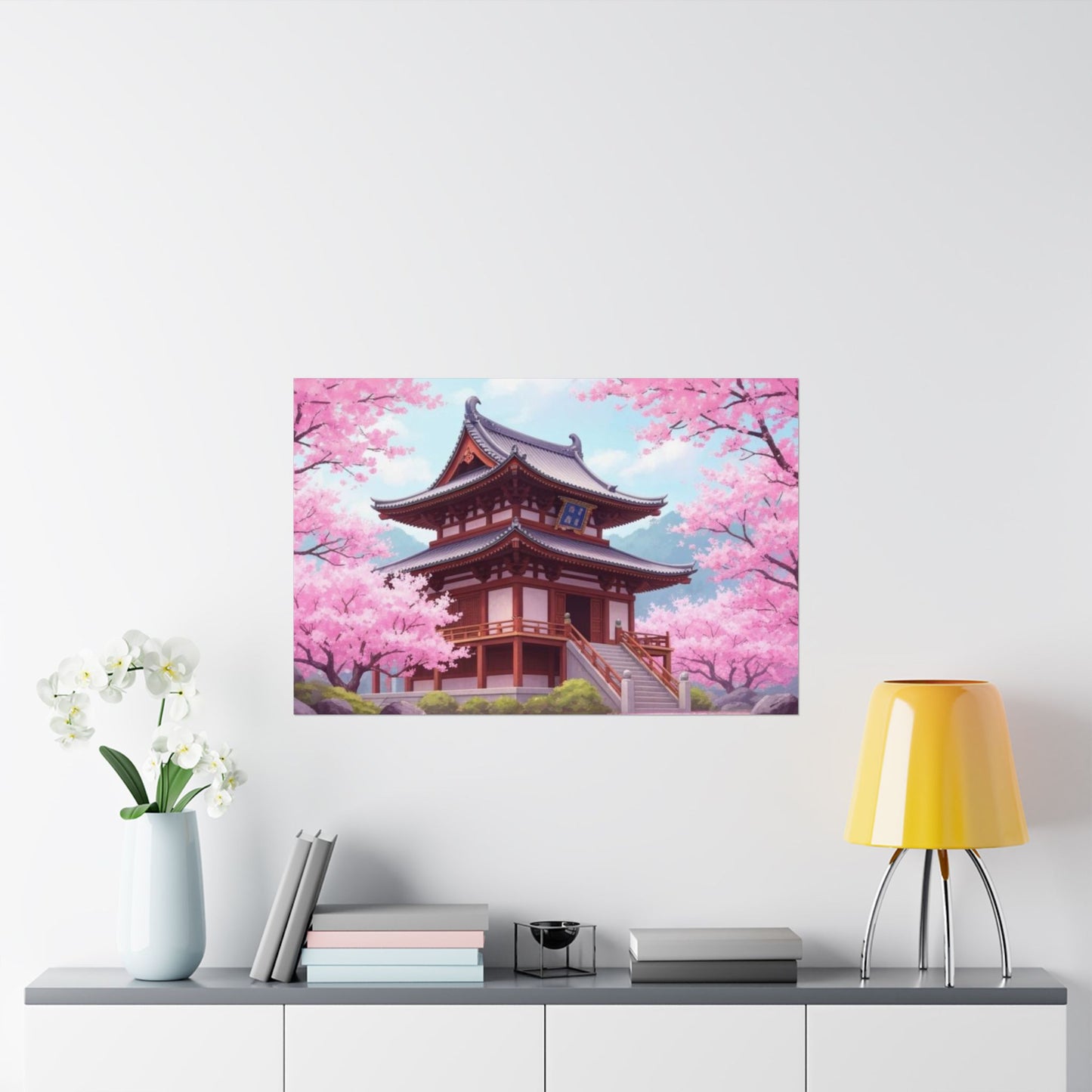 Digital download Wall Art Poster - Buddhist Temple with Cherry Blossoms, Japanese Art