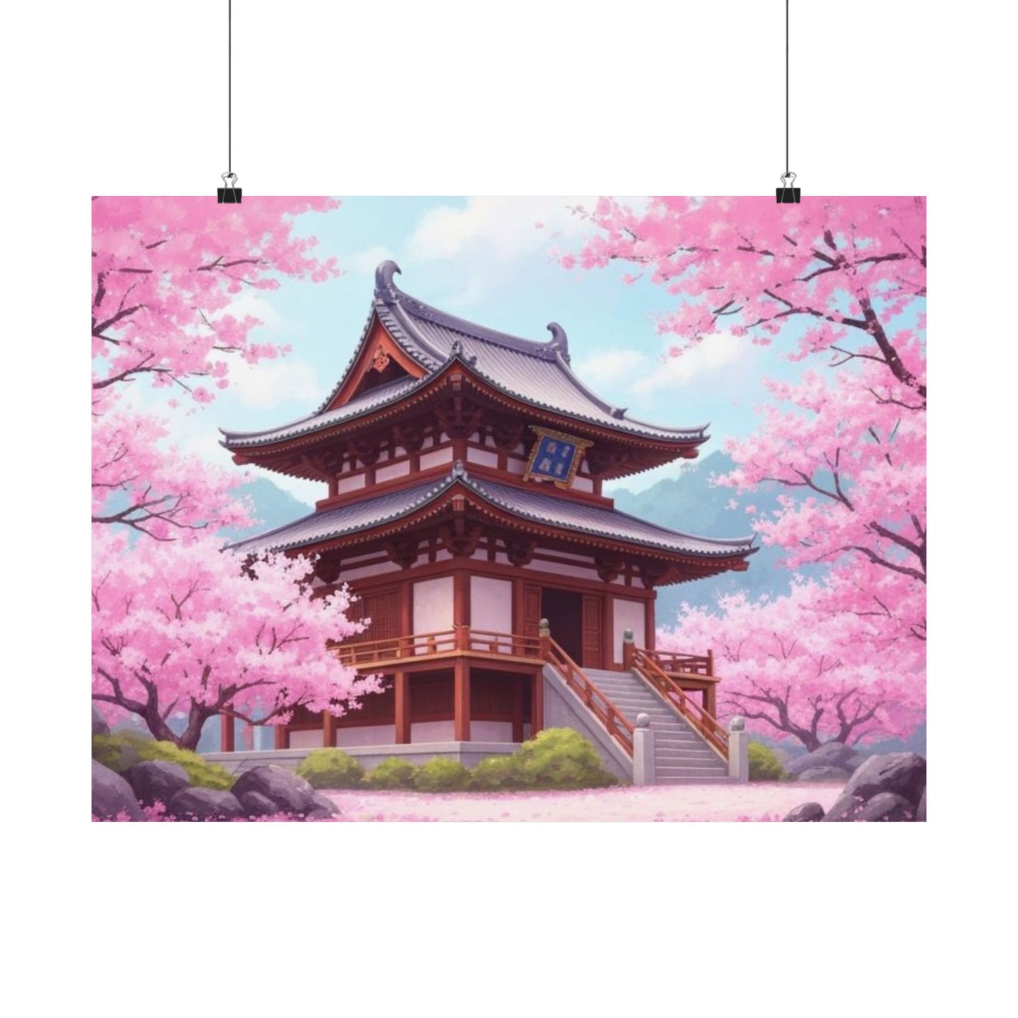 Digital download Wall Art Poster - Buddhist Temple with Cherry Blossoms, Japanese Art