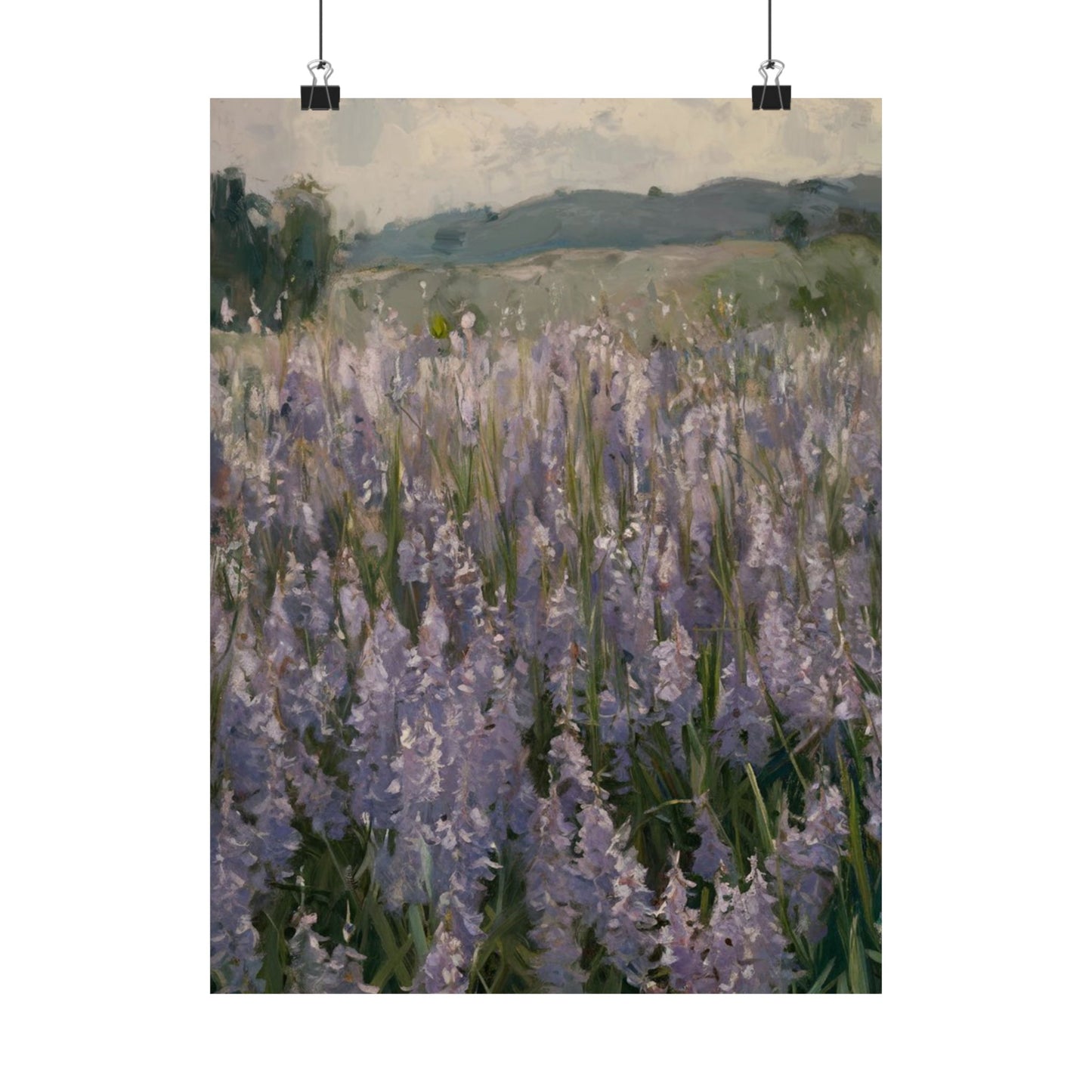 Póster vertical de campo de lavanda, arte mural botánico, decoración natural, estética del hogar, regalo para amantes de la jardinería.