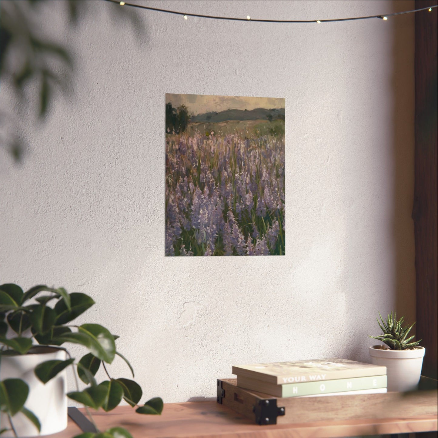 Póster vertical de campo de lavanda, arte mural botánico, decoración natural, estética del hogar, regalo para amantes de la jardinería.