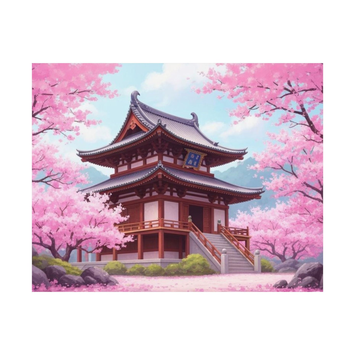 Digital download Wall Art Poster - Buddhist Temple with Cherry Blossoms, Japanese Art