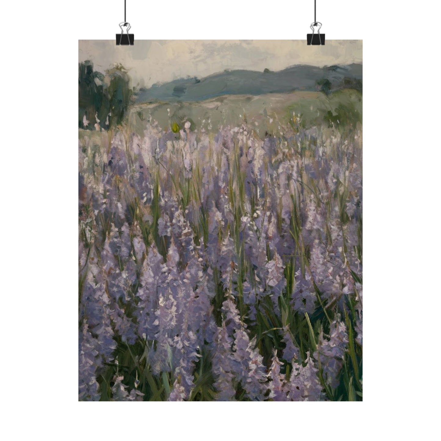 Póster vertical de campo de lavanda, arte mural botánico, decoración natural, estética del hogar, regalo para amantes de la jardinería.
