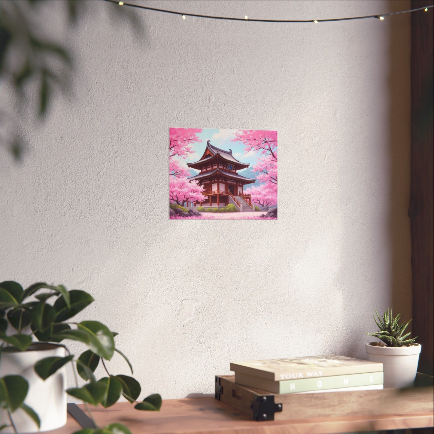 Digital download Wall Art Poster - Buddhist Temple with Cherry Blossoms, Japanese Art
