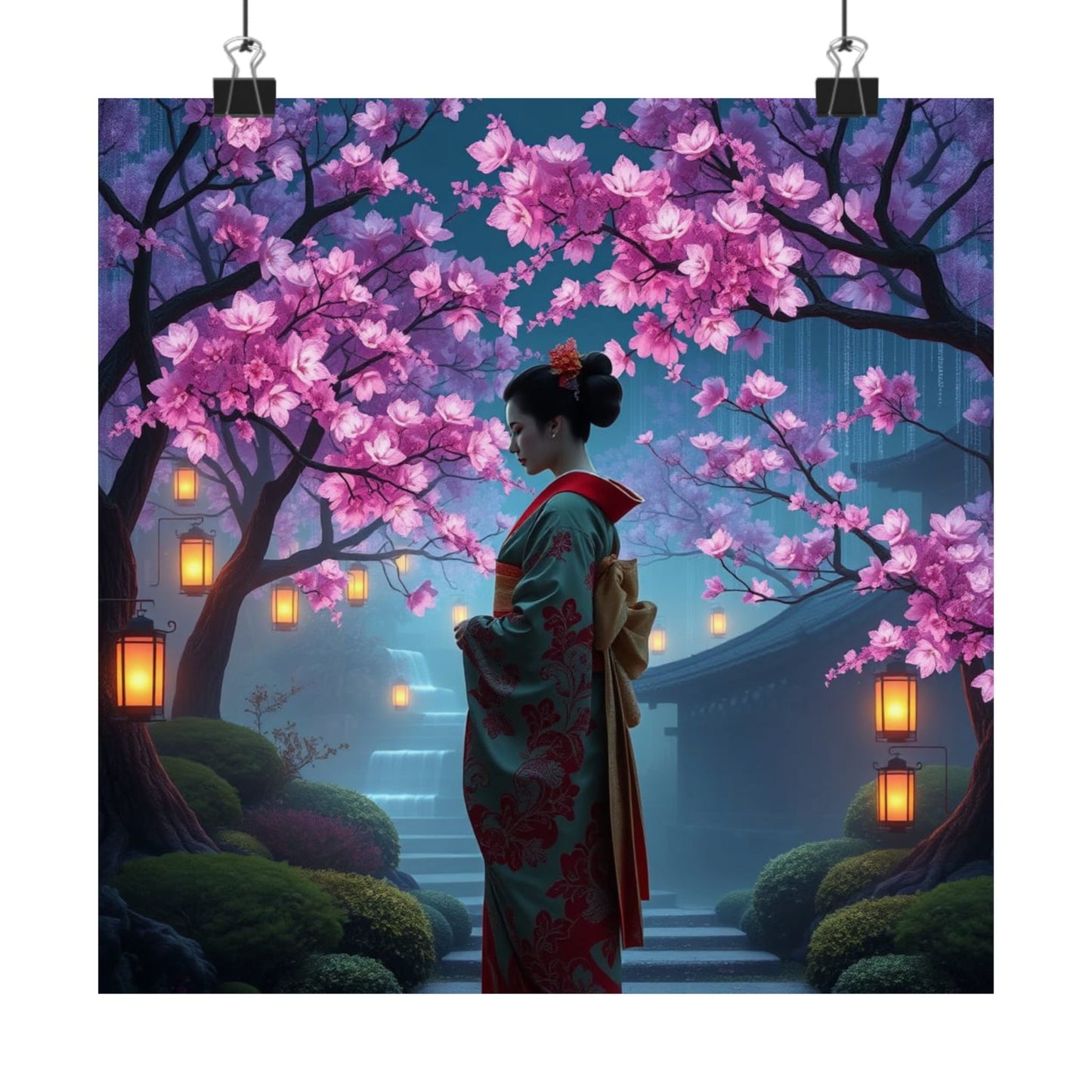 Digital download Posters - Geisha in Elegant Japanese Blossom Garden
