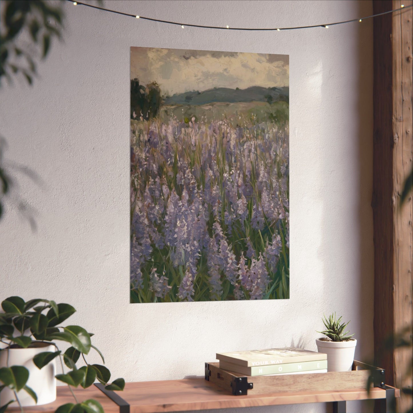 Póster vertical de campo de lavanda, arte mural botánico, decoración natural, estética del hogar, regalo para amantes de la jardinería.