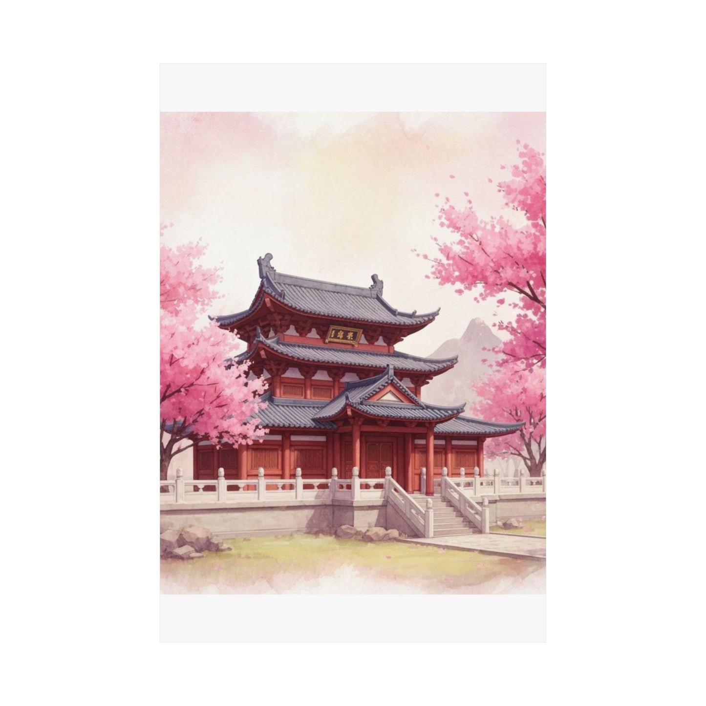 Digital download Vertical Poster - Buddhist Temple Cherry Blossom Japanese Art