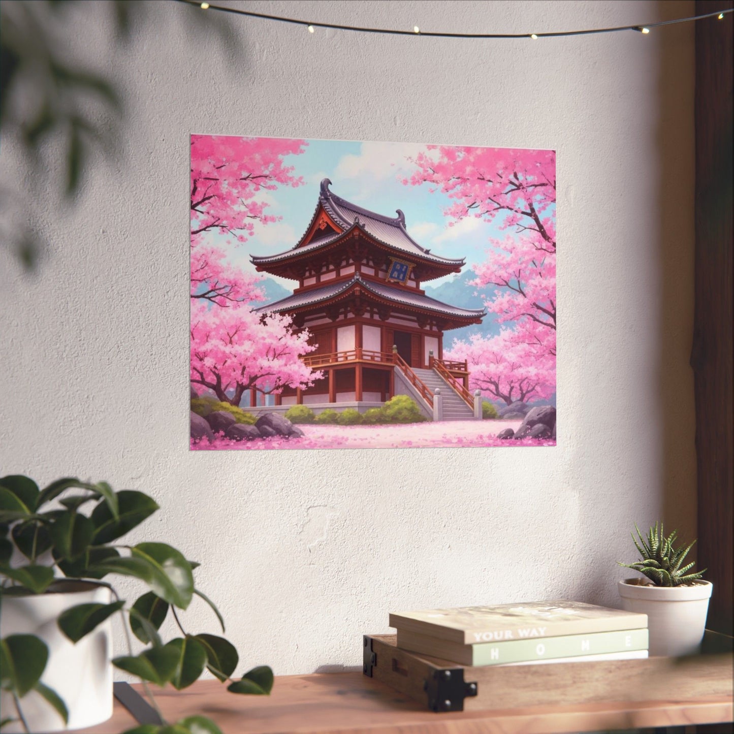 Digital download Wall Art Poster - Buddhist Temple with Cherry Blossoms, Japanese Art