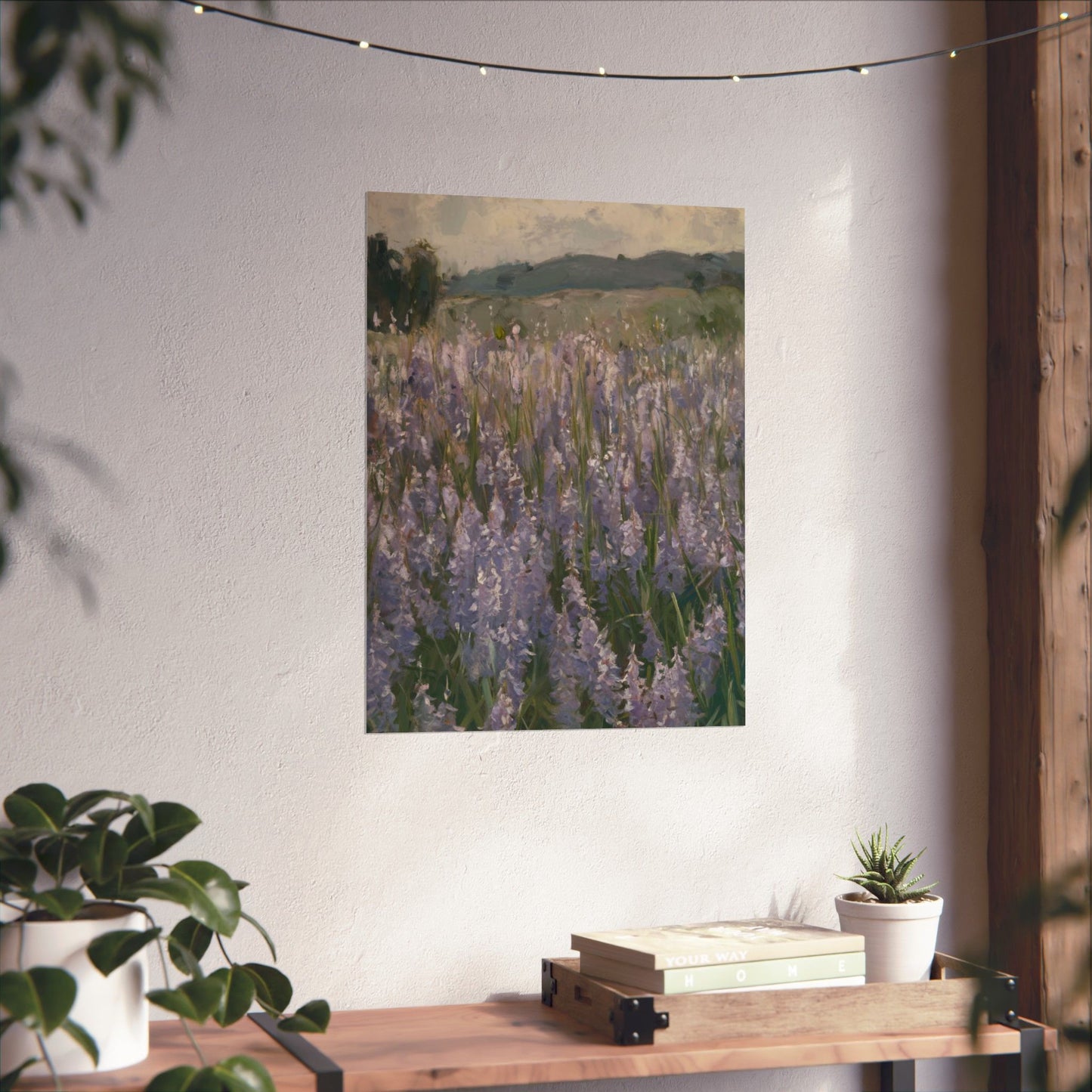 Póster vertical de campo de lavanda, arte mural botánico, decoración natural, estética del hogar, regalo para amantes de la jardinería.
