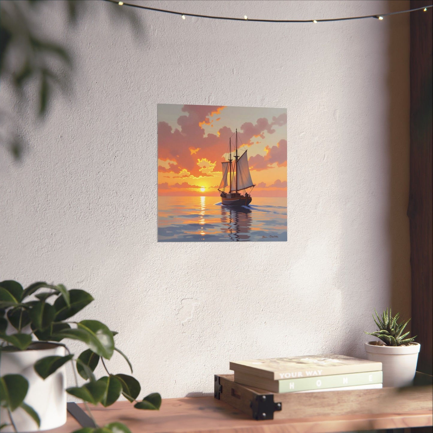 Póster mate de velero al atardecer, arte náutico para pared, decoración costera, regalo para marineros, decoración de casa de playa