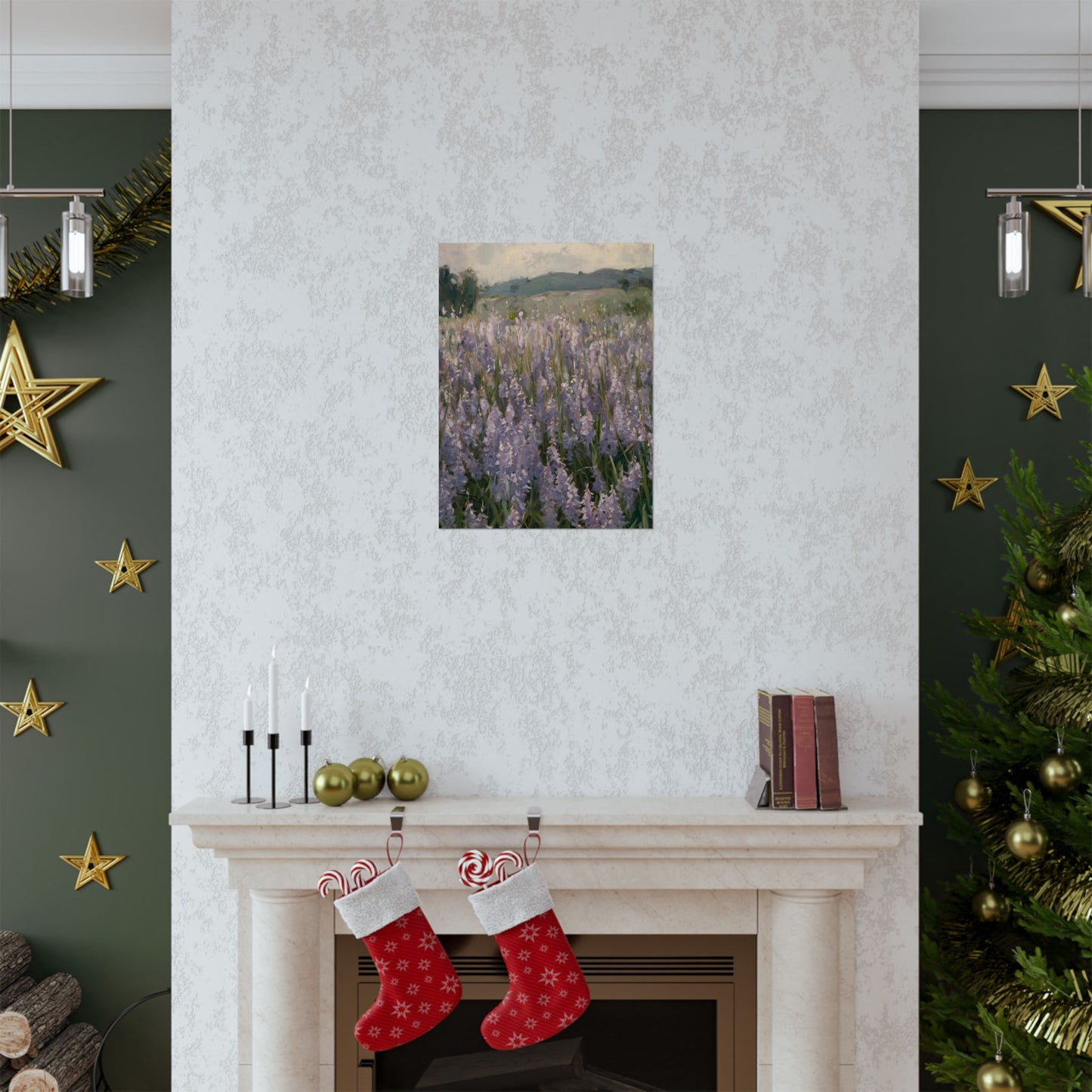 Póster vertical de campo de lavanda, arte mural botánico, decoración natural, estética del hogar, regalo para amantes de la jardinería.