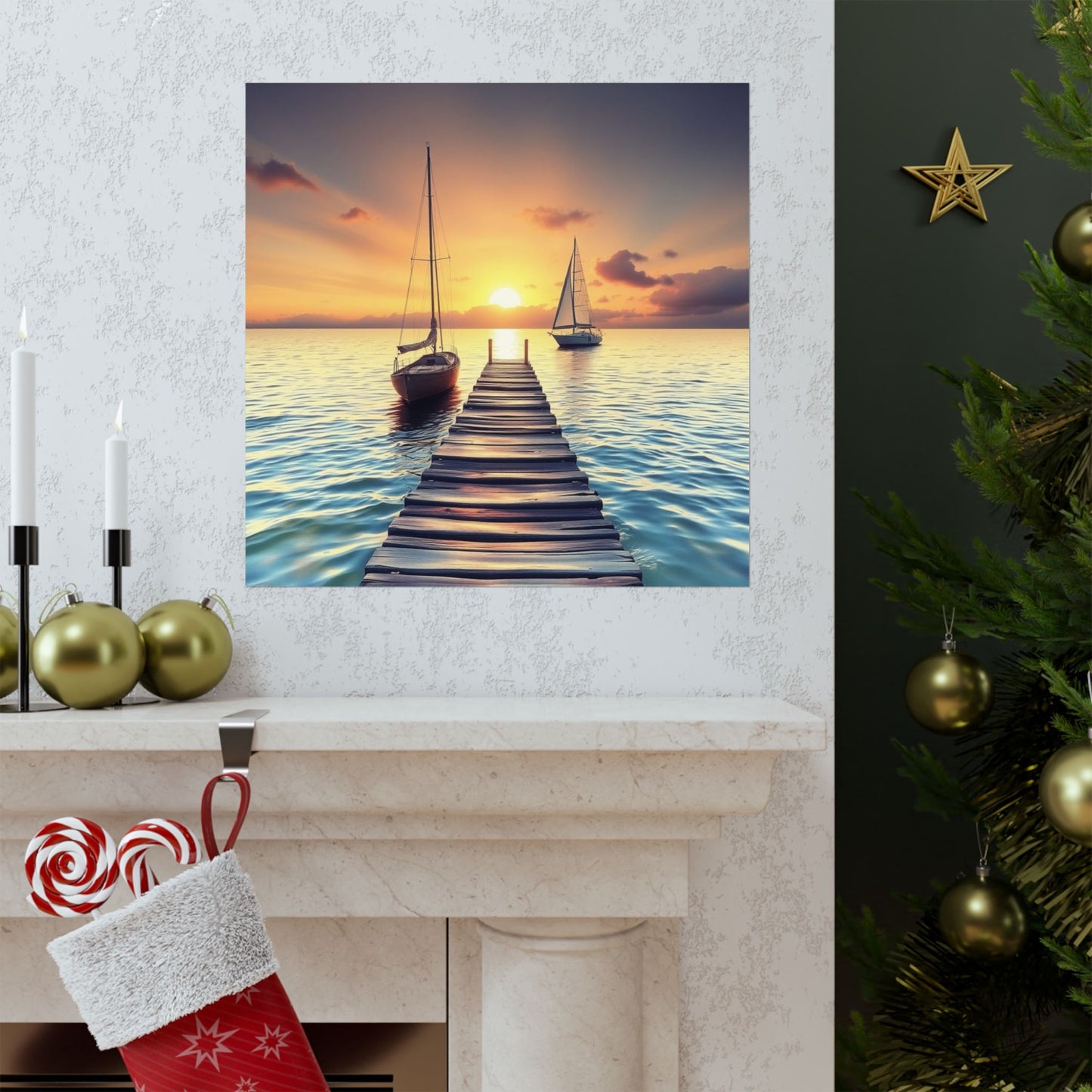 Póster de velero sereno, arte mural de océano en calma, decoración náutica, estética tranquila para el hogar, impresión de atardecer, regalo relajante