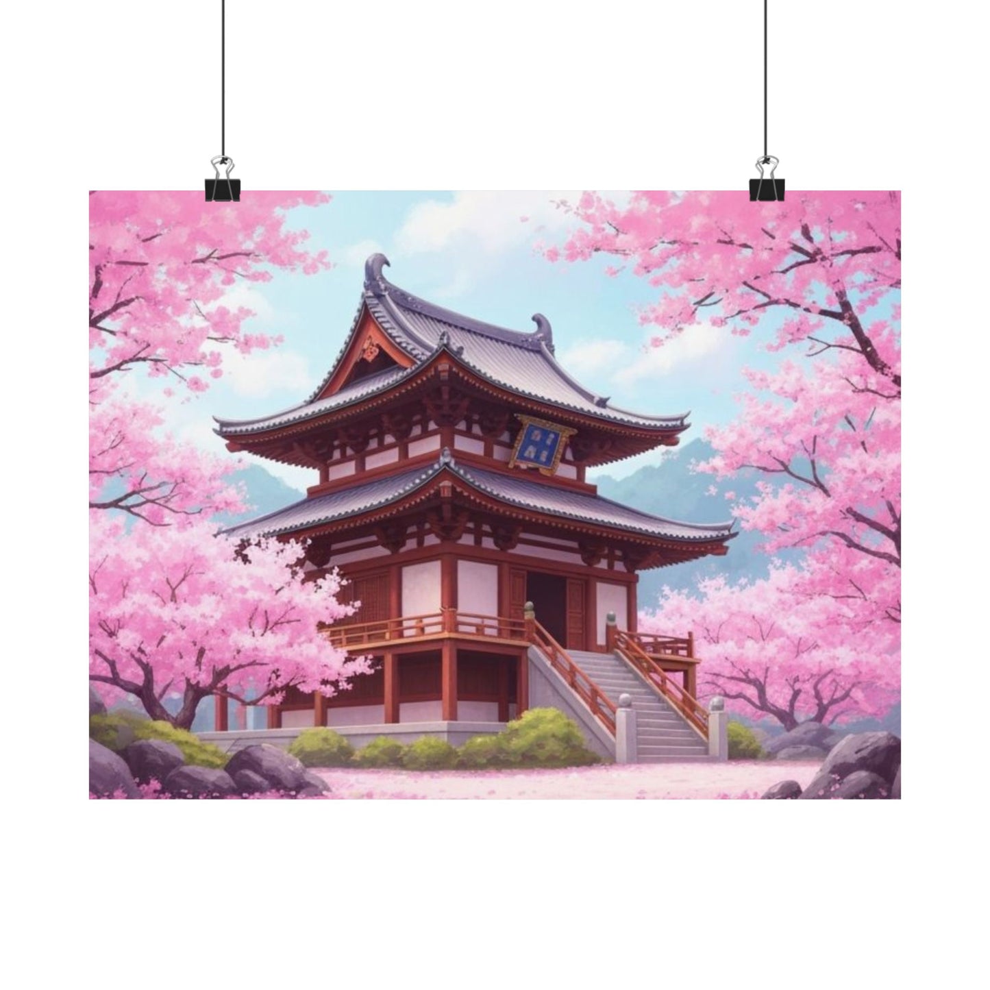 Wall Art Poster - Buddhist Temple with Cherry Blossoms, Japanese Art