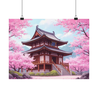 Wall Art Poster - Buddhist Temple with Cherry Blossoms, Japanese Art