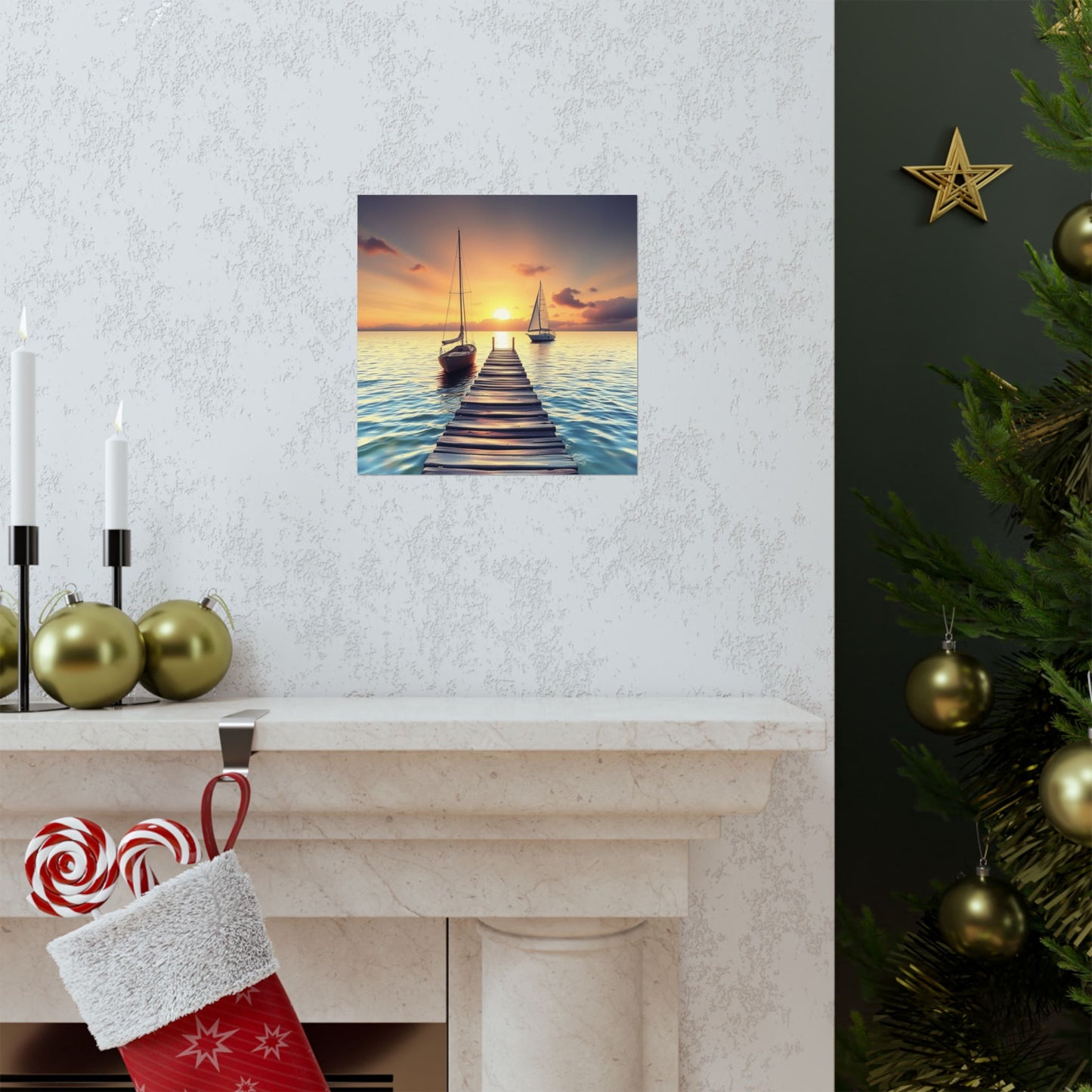 Póster de velero sereno, arte mural de océano en calma, decoración náutica, estética tranquila para el hogar, impresión de atardecer, regalo relajante