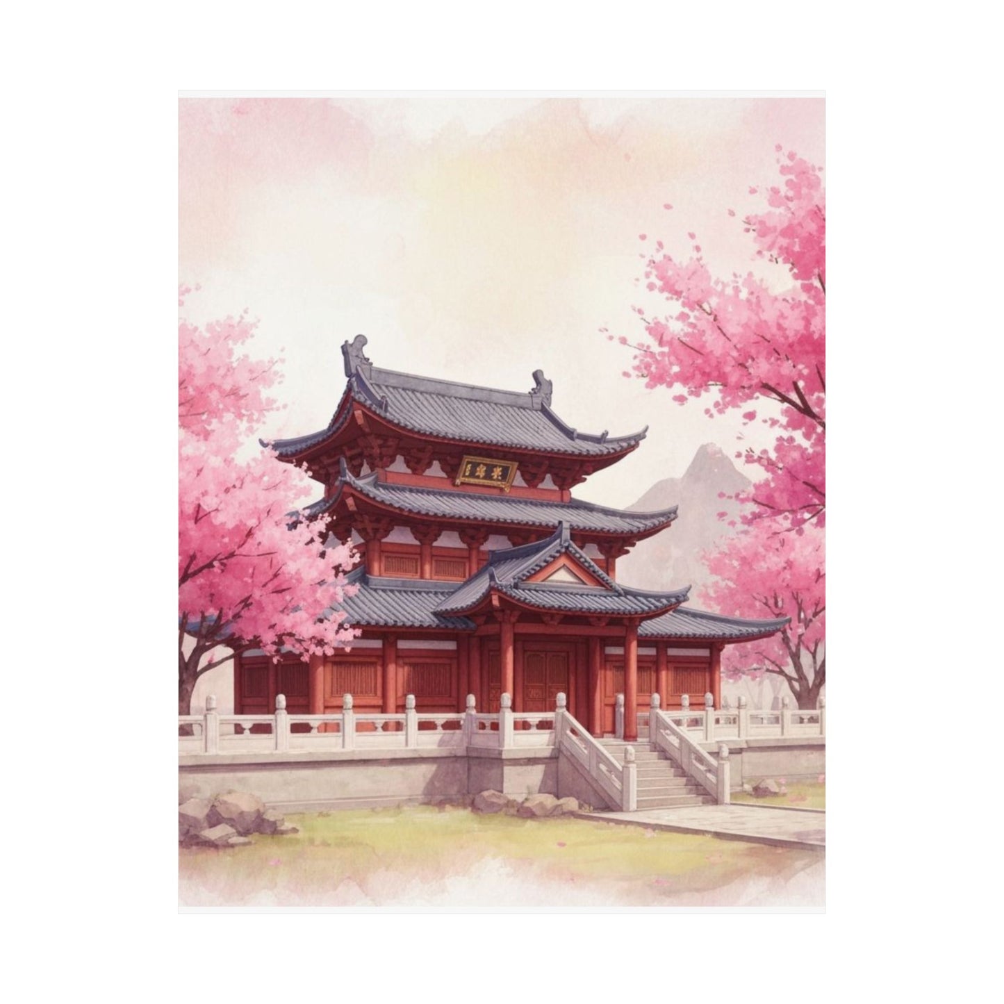 Digital download Vertical Poster - Buddhist Temple Cherry Blossom Japanese Art