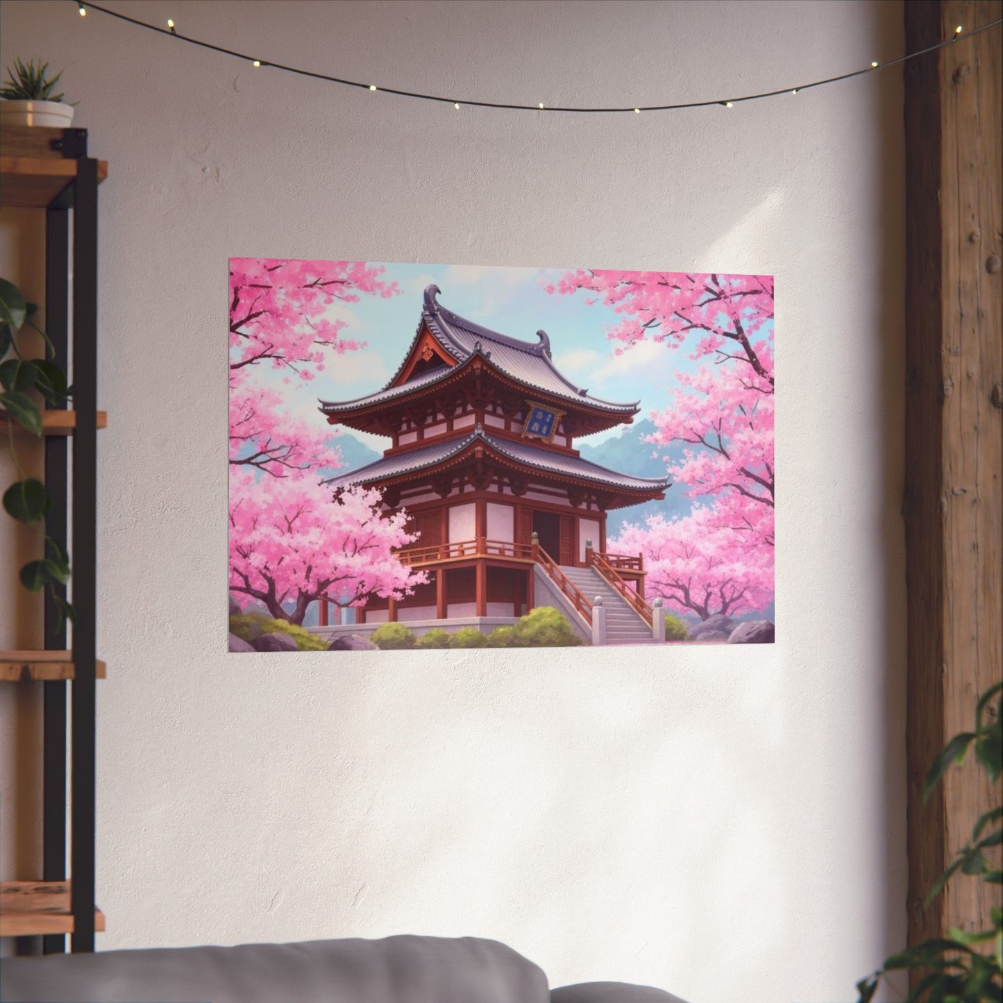 Wall Art Poster - Buddhist Temple with Cherry Blossoms, Japanese Art