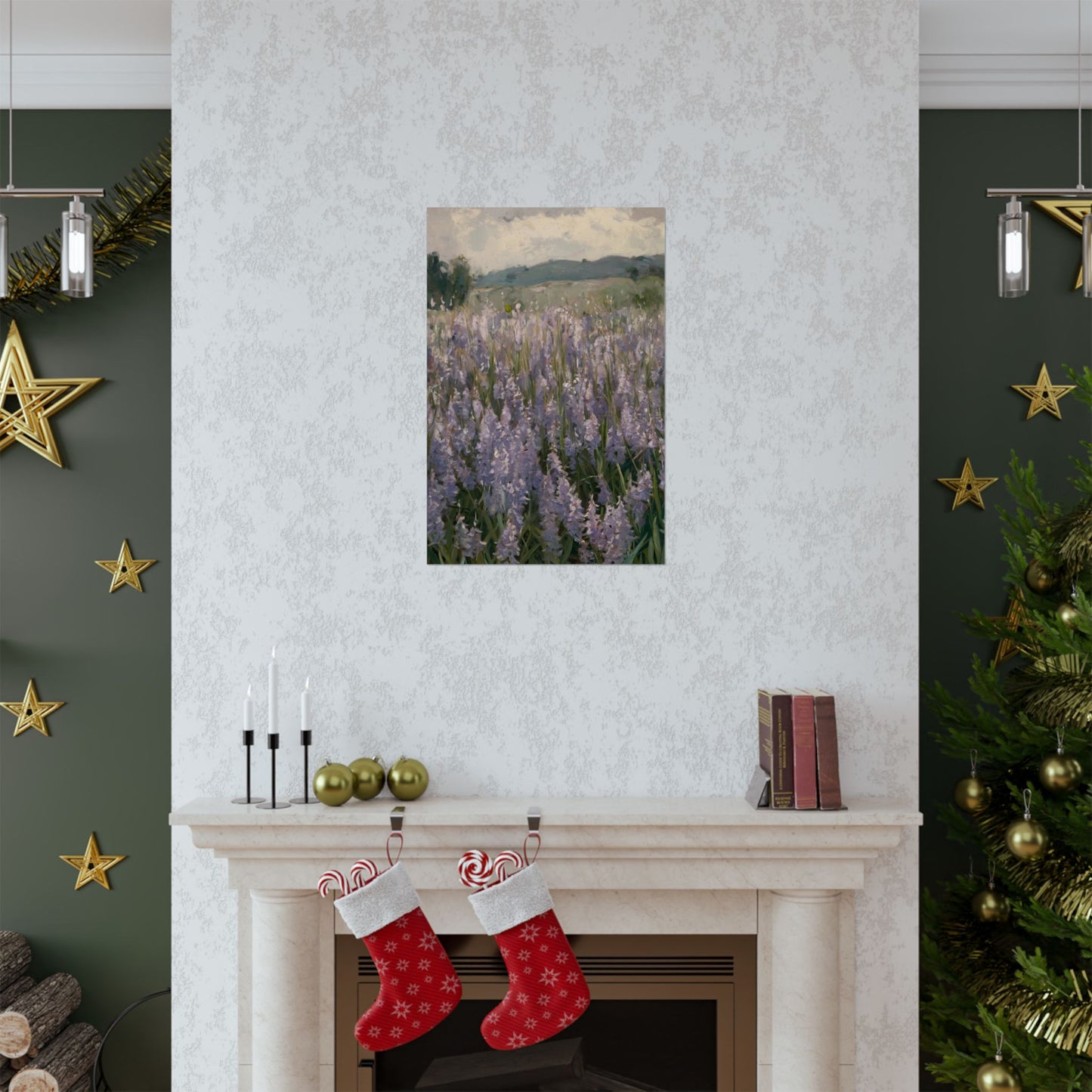 Póster vertical de campo de lavanda, arte mural botánico, decoración natural, estética del hogar, regalo para amantes de la jardinería.