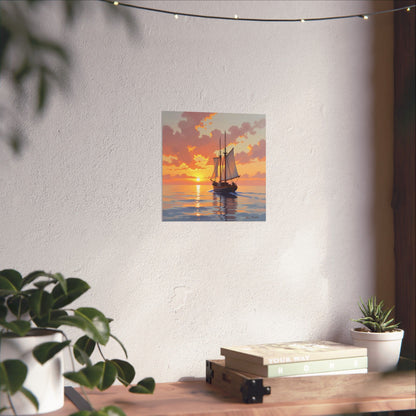 Póster mate de velero al atardecer, arte náutico para pared, decoración costera, regalo para marineros, decoración de casa de playa