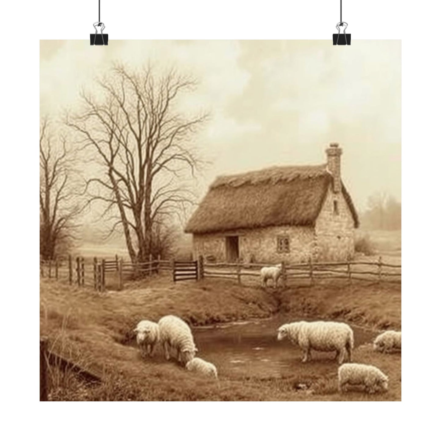 Descarga digital: Póster de casa de campo rústica, arte paisajístico, decoración de casa de campo, impresión de ovejas, arte mural para sala de estar, estética de casa de campo.