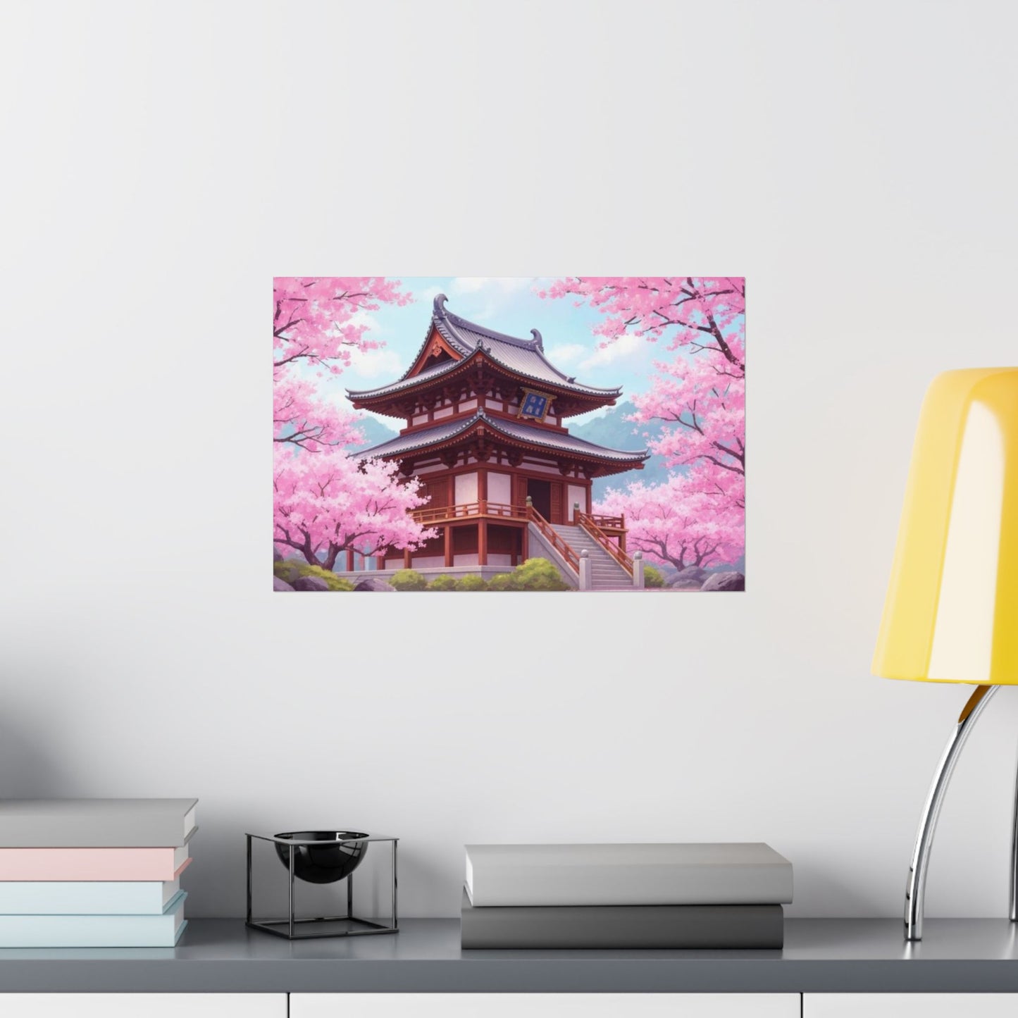 Wall Art Poster - Buddhist Temple with Cherry Blossoms, Japanese Art