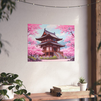 Wall Art Poster - Buddhist Temple with Cherry Blossoms, Japanese Art