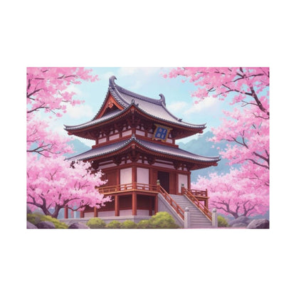 Wall Art Poster - Buddhist Temple with Cherry Blossoms, Japanese Art