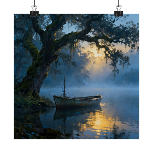 Digital download Posters - Misty Lake Rowboat Landscape Wall Art