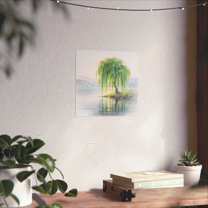Vintage Willow Tree Watercolor Poster — Serene Lake Matte Vertical Art Print