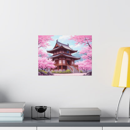 Wall Art Poster - Buddhist Temple with Cherry Blossoms, Japanese Art