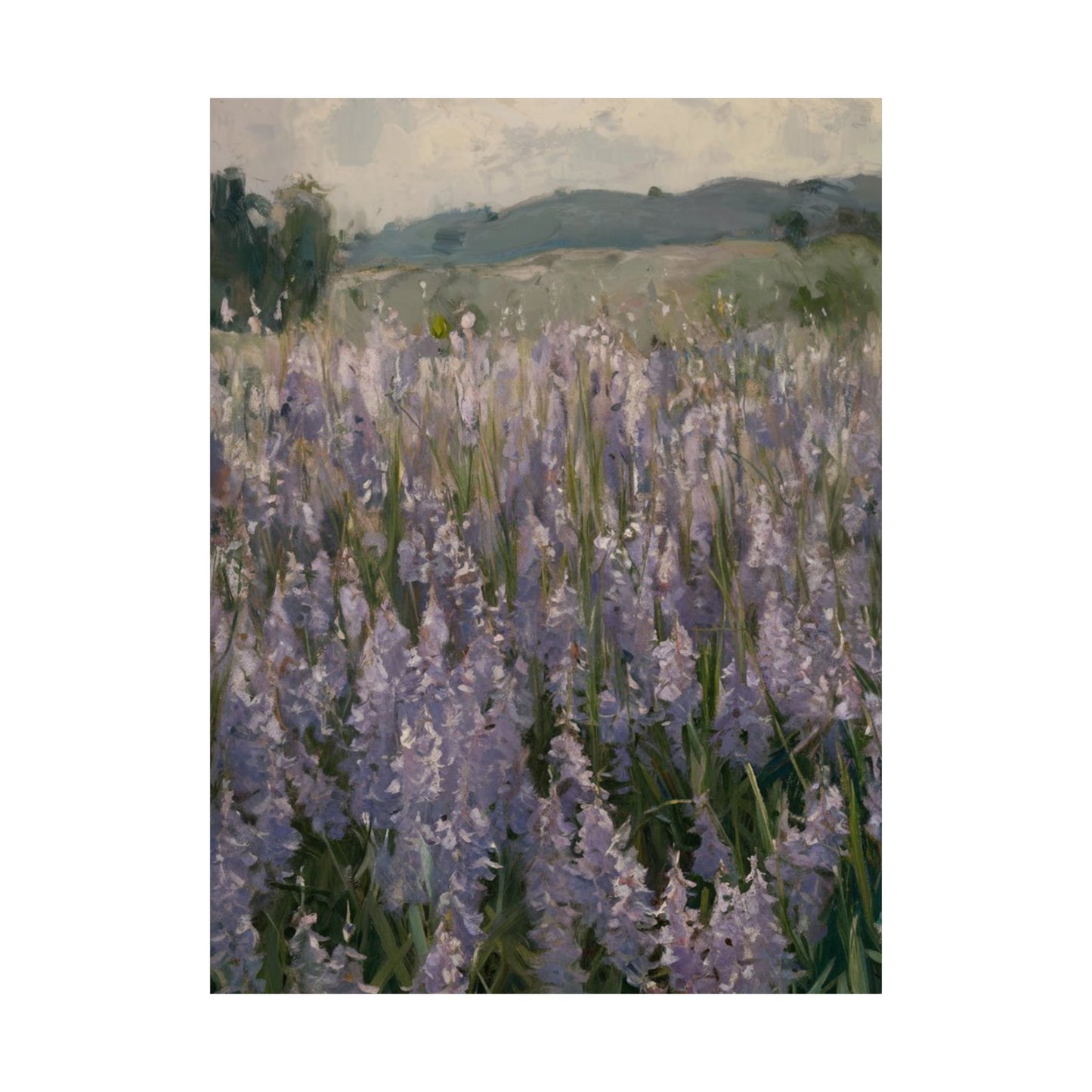 Póster vertical de campo de lavanda, arte mural botánico, decoración natural, estética del hogar, regalo para amantes de la jardinería.