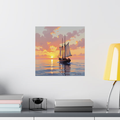 Póster mate de velero al atardecer, arte náutico para pared, decoración costera, regalo para marineros, decoración de casa de playa