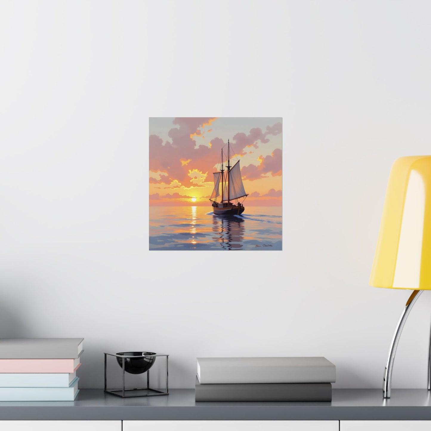 Póster mate de velero al atardecer, arte náutico para pared, decoración costera, regalo para marineros, decoración de casa de playa