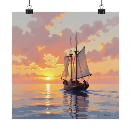 Téléchargement numérique : affiche mate représentant un voilier au coucher du soleil, décoration murale nautique, décoration côtière, cadeau pour les marins, décoration de maison de plage